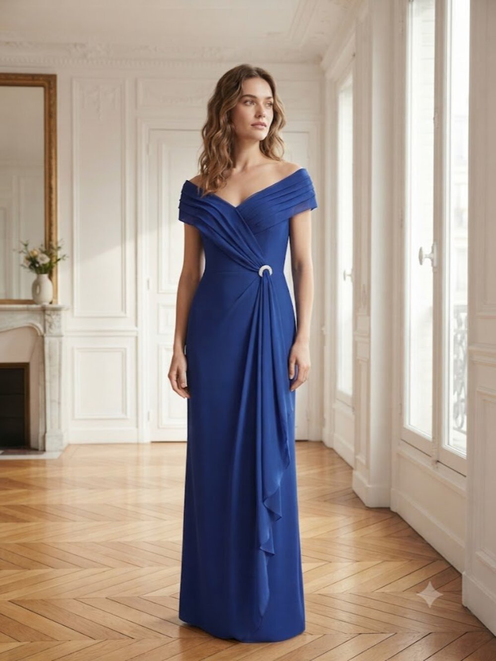 Elegant Royal Blue Draped Evening Dress With Embellishment Size 10